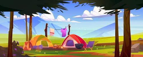 Tourist camping at nature landscape with trees vector