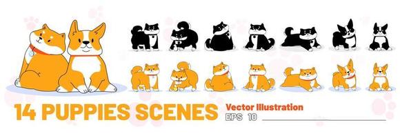 Set of puppies, happy shiba inu dog character vector