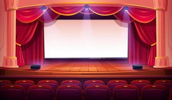 Movie theater with white screen, curtains, seats vector