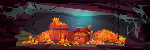 Treasure cave with pirate chest, golden coins vector