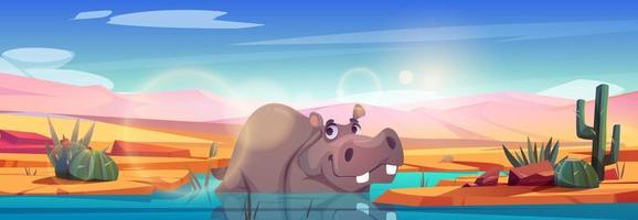 Funny cartoon hippo lying in water, vector