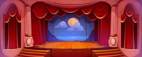 Theater stage with red curtains, columns, backdrop vector