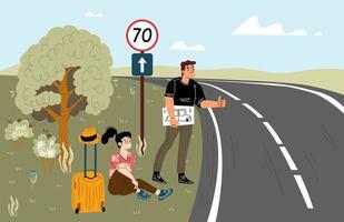 Tourists hitchhikers on car road vector