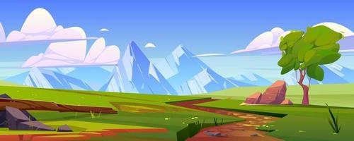 Mountain valley with green fields, tree, path vector