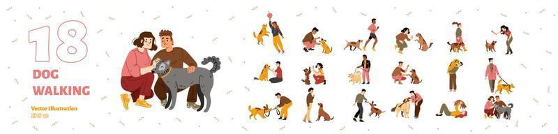 People training dogs, hug and play with puppies vector