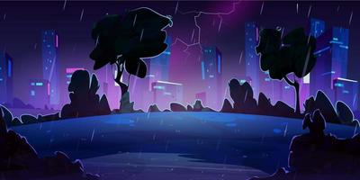 Night thunderstorm with rain and lightning in city vector