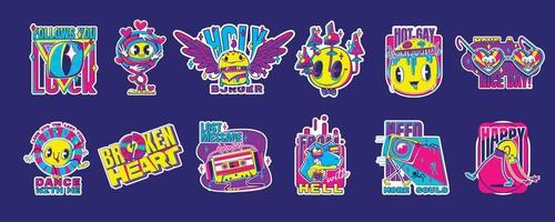 Psychedelic retro rave stickers with funny patches vector