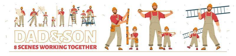 Dad and son in handyman uniform with tools vector