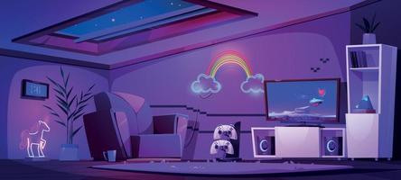 Teen girl room on attic, interior with gamer stuff vector