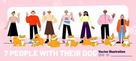 Diverse people with their dogs set