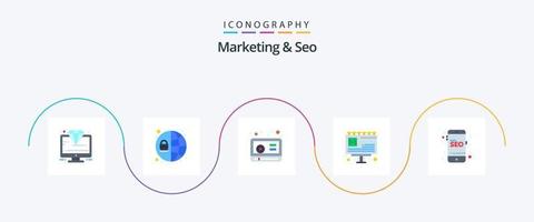 paquete de iconos de marketing y seo flat 5 incluido en línea. SEO marketing. móvil. publicidad vector