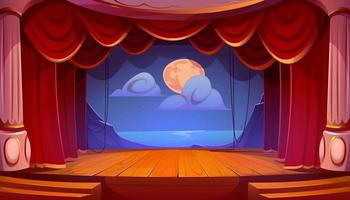 Empty theater stage, red curtains, wooden floor vector