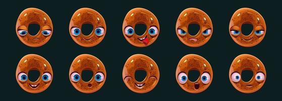 Cute bagel character face emoji set, kawaii bakery vector