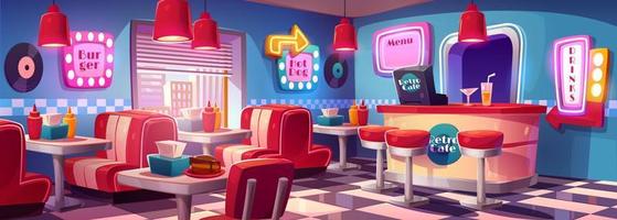 Fast food retro cafe interior with tables, vector