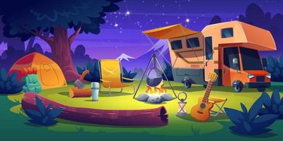 Camping site with trailer, tent, burning bonfire vector