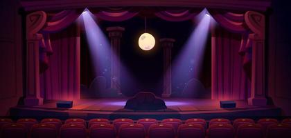 Theater stage with red curtains, spotlights, moon vector