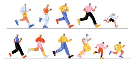 Set of adult people and children running on white vector