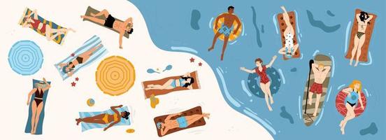 People sunbath on beach top view, float on rings vector