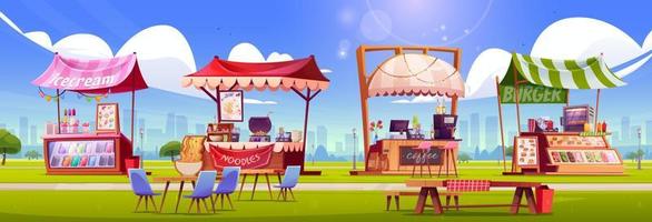 Street food market stalls standing in public park vector