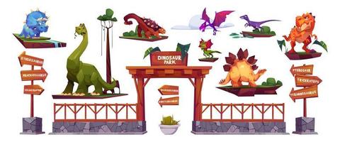 Dinosaur park cartoon characters, arrows and gates