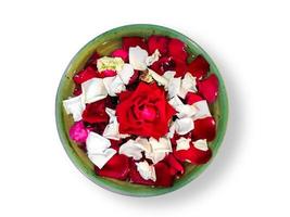 Top view of red rose and petal floating in a green porcelain bowl isolate on white background and make with paths. photo