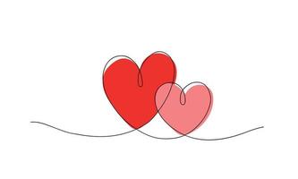 Two red hearts, one line drawing, outline. Postcard for lovers, Valentine's Day vector