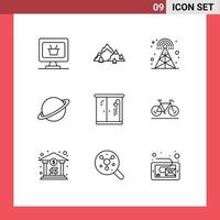 Set of 9 Vector Outlines on Grid for home flag broadcasting moon planet Editable Vector Design Elements