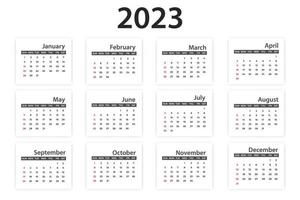 Classic monthly calendar for 2023. The week starts on Sunday. Vector design isolated on white background