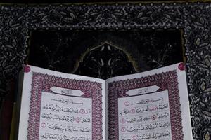 Al-Quran which is above the prayer rug with a black background photo