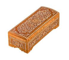 A wooden casket with traditional artistic carving isolated on a white background photo