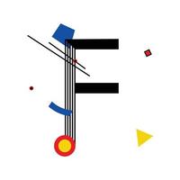 Capital letter F made up of simple geometric shapes, in Suprematism style