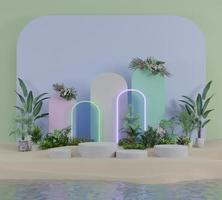 Display product platform with plants on sand and sea 3D render illustration photo