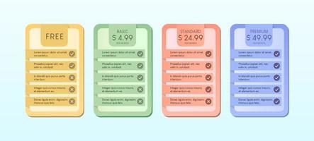 Colorful of pricing table with four options vector illustration on light blue background.