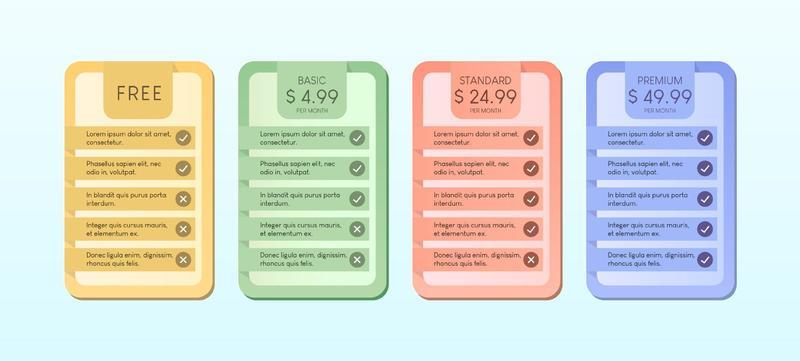 Colorful of pricing table with four options vector illustration on light blue background.
