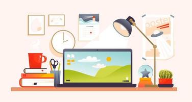 A laptop on a table with books around and a lamp. A workspace with a laptop and office supplies. Online education. Home office. Vector illustration