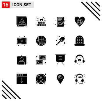 conjunto de glifos sólidos de interfaz móvil de 16 pictogramas de línea de producción de entorno cardíaco idea ecológica elementos de diseño vectorial editables vector