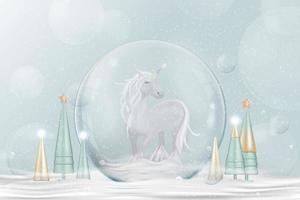 feliz año nuevo y feliz fondo de navidad.bola de nieve de navidad con unicornio, árbol cónico en la nieve,globo de nieve de cristal diseño 3d.elementos navideños festivos.cartel de vacaciones,tarjeta de felicitación, volante vector