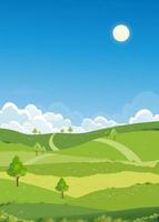 paisaje primaveral campos verdes con fondo de montaña, cielo azul y nubes, naturaleza rural pacífica vertical en primavera con tierra de hierba verde.ilustración vectorial de dibujos animados para la pancarta de primavera y verano