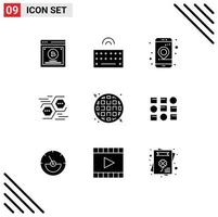 Mobile Interface Solid Glyph Set of 9 Pictograms of waffle hexagon app data connect Editable Vector Design Elements