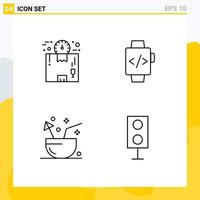 Mobile Interface Line Set of 4 Pictograms of box drink package hand watch summer Editable Vector Design Elements