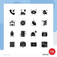 Pack of 16 Modern Solid Glyphs Signs and Symbols for Web Print Media such as stop life eye city game Editable Vector Design Elements