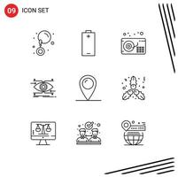 User Interface Pack of 9 Basic Outlines of map holiday gramophone vision focus Editable Vector Design Elements