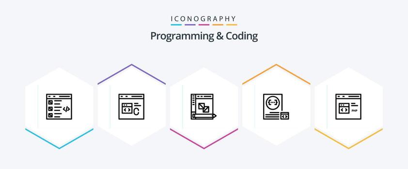Programming And Coding 25 Line icon pack including develop. app. develop. planning. development vector