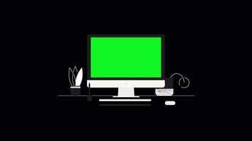 ordinateur vert sur écran et espace de travail. espace de travail à domicile avec ordinateur de bureau. animation vidéo canal alpha 4k video