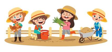 Farm Scene With Cartoon Kids vector