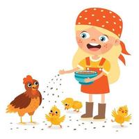 niño de dibujos animados alimentando pollo y pollitos vector