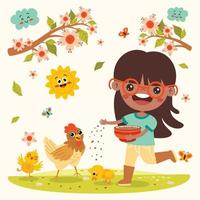 Cartoon Kid Feeding Chicken And Chicks vector