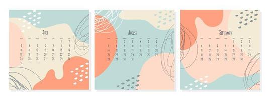 conjunto de plantillas de calendario 2023 por meses julio agosto septiembre, concepto de portada de calendario, ilustración abstracta de estilo boho. vector