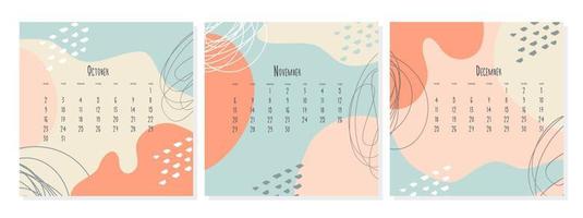 conjunto de plantillas de calendario 2023 por meses octubre noviembre diciembre, concepto de portada de calendario, ilustración abstracta de estilo boho. vector