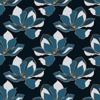 Magnolia dark blue pattern,contour flowers gold and dark background. vector